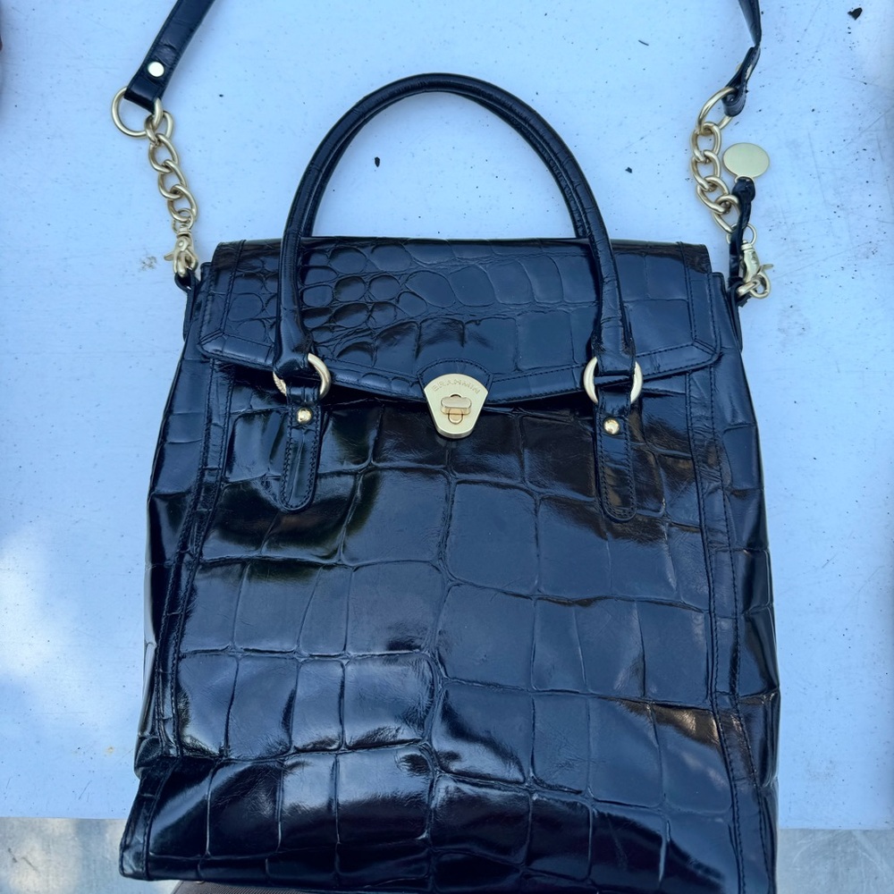 Brahmin Black Crocodile-Embossed Satchel with Gold Accents